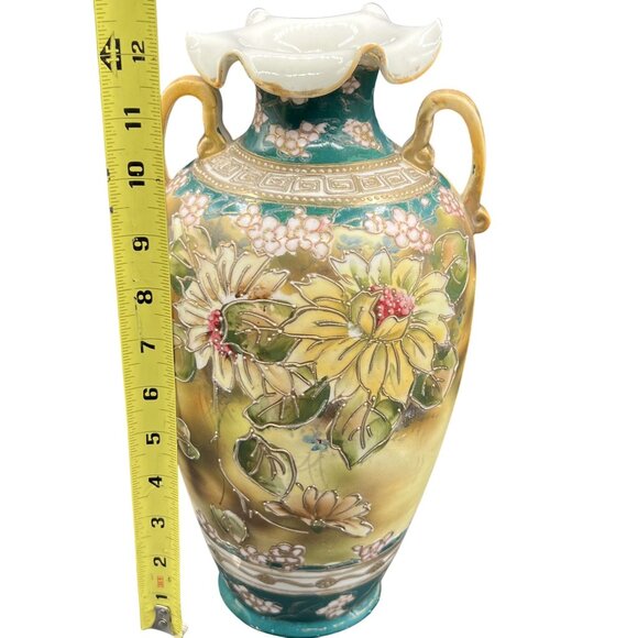 Nippon Rare Antique Hand Painted Floral Two Handed Vase Ruffled Rim 3D Bloomcore - Picture 13 of 15
